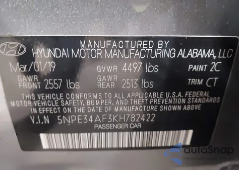 2019 Hyundai Sonata Sel z USA, uszkodzony, nr VIN 5NPE34AF3KH782422